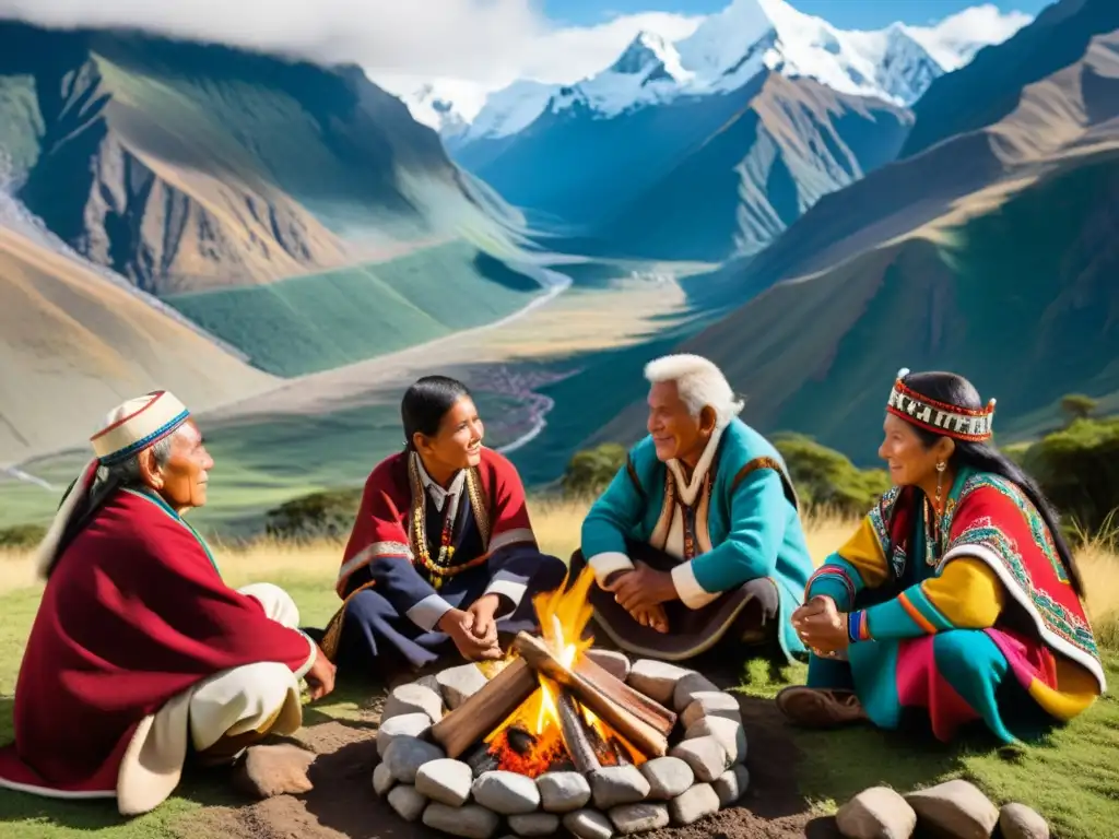 Una imagen de la filosofía andina aspectos culturales, con indígenas andinos reunidos alrededor de una fogata, compartiendo sabiduría ancestral