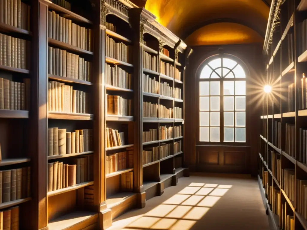 Una imagen de una antigua biblioteca llena de libros, bañada en cálida luz dorada
