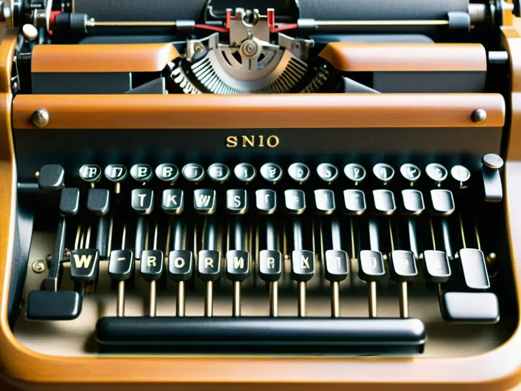Una imagen de una antigua máquina de escribir, resaltando sus detalles y la atmósfera nostálgica