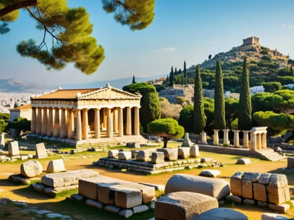 Imagen de las antiguas ruinas de la Ágora de Atenas, con el icónico Templo de Hefesto al fondo, evocando el legado de las rutas filosóficas antiguas Grecia