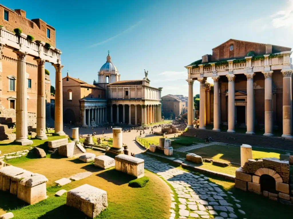 Imagen de un antiguo foro romano con columnas de mármol y estatuas, que refleja la grandeza histórica de la época de Cicerón y la filosofía occidental