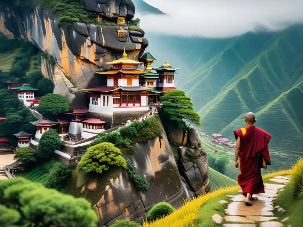 Imagen de un antiguo templo budista en la montaña, con ornamentadas esculturas y monjes en rituales