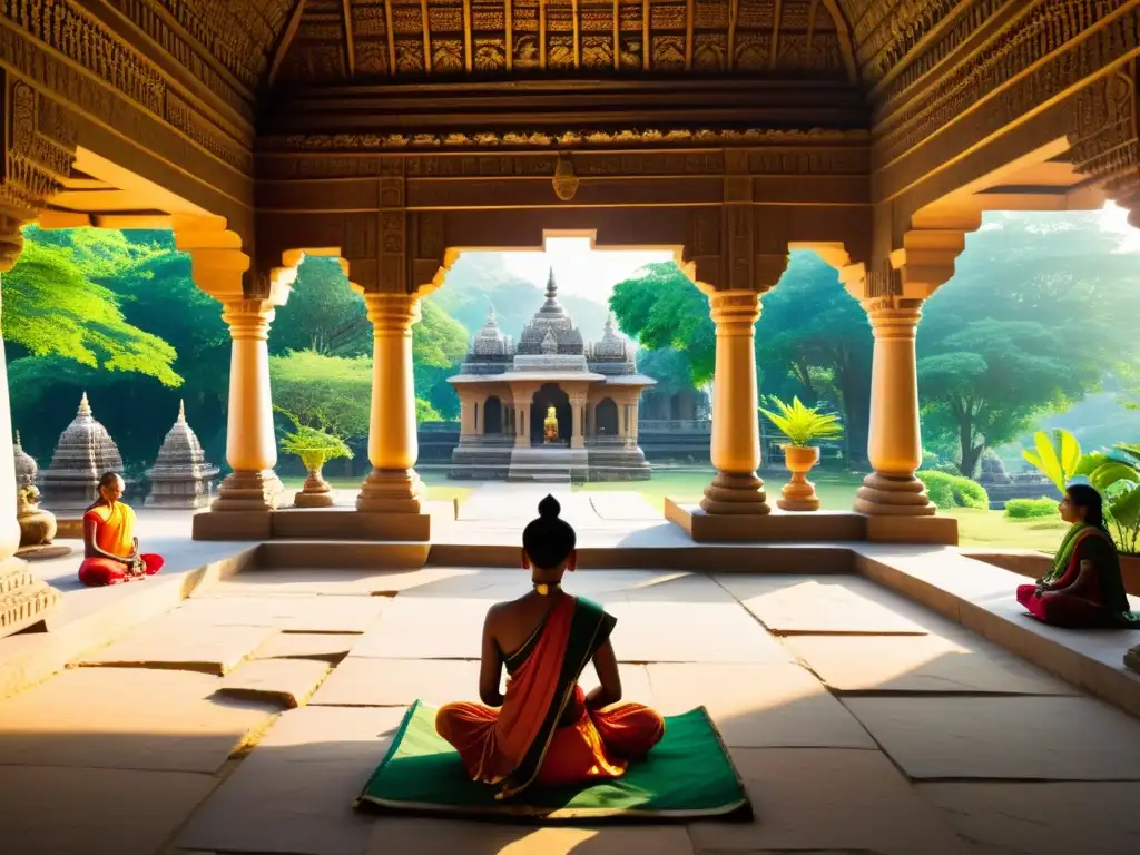 Imagen de un antiguo templo jainista con intrincadas esculturas y devotos en oración, mostrando la relevancia de la literatura jainista contemporánea