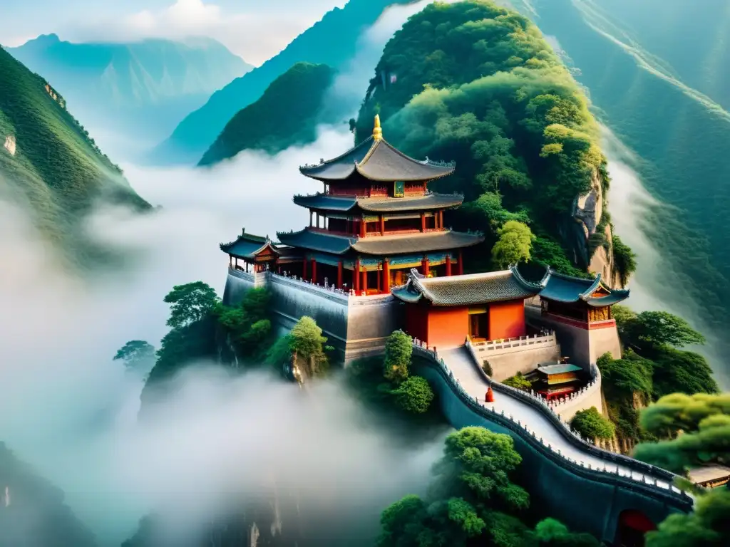 Imagen de un antiguo templo en las montañas de China, con monjes realizando actividades tranquilas