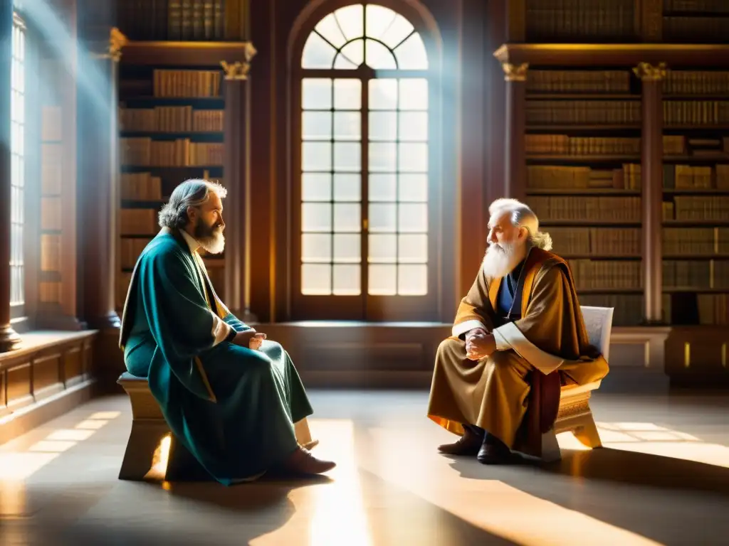 Imagen de dos antiguos filósofos inmersos en una animada conversación en una biblioteca llena de libros clásicos