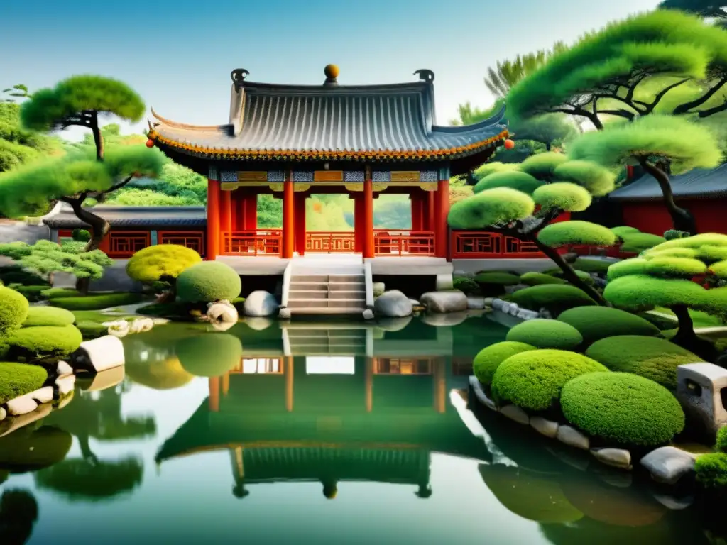 Imagen de un apacible jardín chino con arquitectura tradicional, vegetación cuidadosamente mantenida y una sensación de armonía