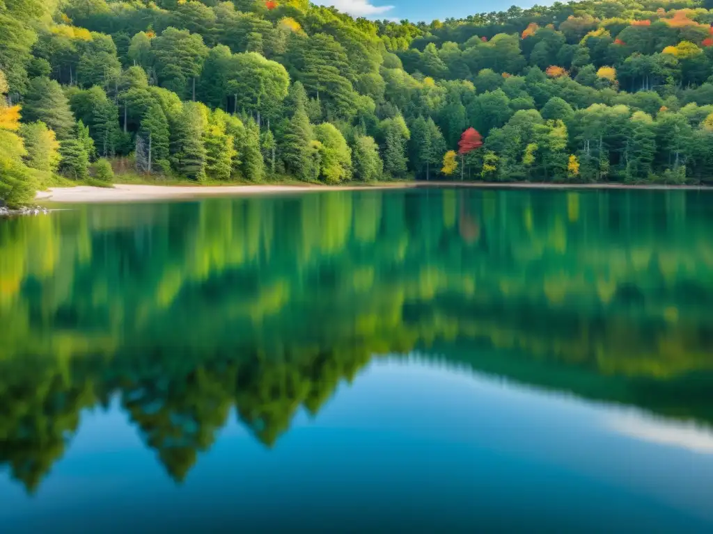 Imagen 8k del apacible Estanque Walden, reflejando la exuberante vegetación y colores vibrantes