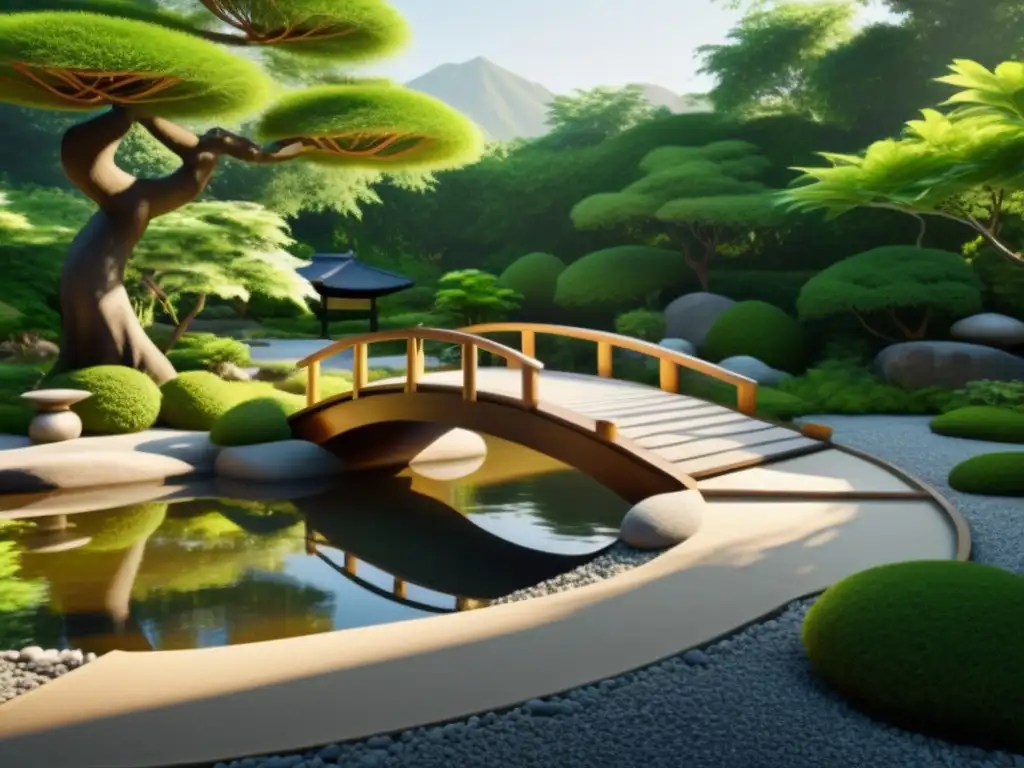 Imagen de un apacible jardín Zen con grava rastrillada, rocas cuidadosamente colocadas y exuberante vegetación