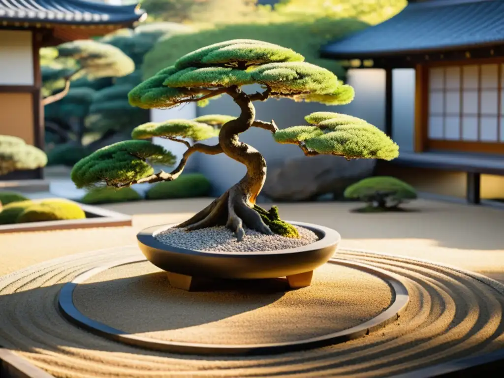 Imagen de un apacible jardín zen japonés bañado por la suave luz dorada, evocando la relación entre Tao y Física