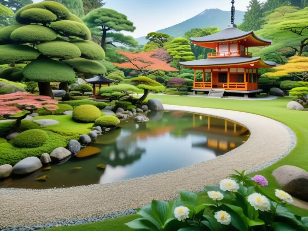 Imagen de un apacible jardín japonés con paisaje exuberante y filosofía samurái manejo estrés