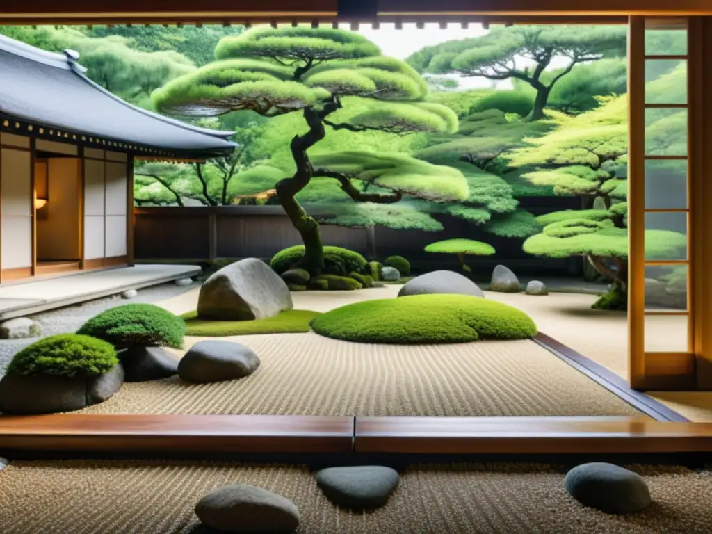 Imagen de un apacible jardín Zen en Kyoto, Japón, que evoca la filosofía oriental de la mente y los conceptos asiáticos