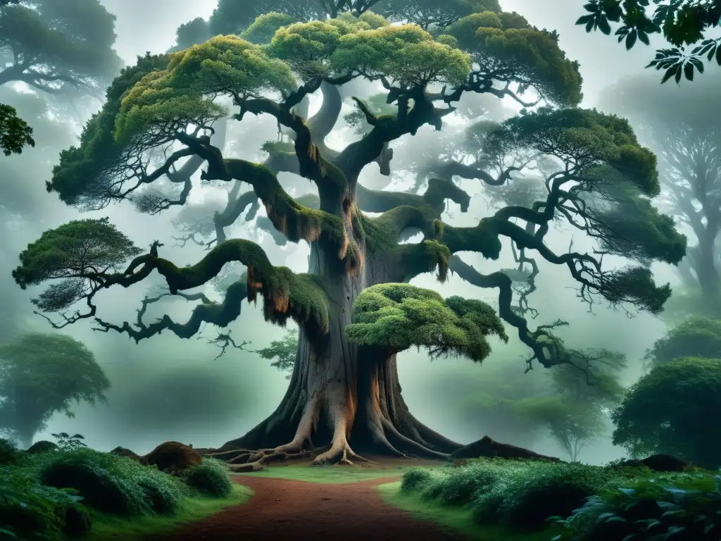 Imagen de un árbol antiguo en un bosque brumoso, evocando sabiduría atemporal y reflexión