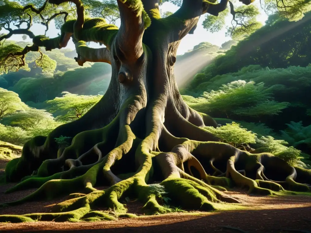 Imagen de un árbol antiguo y retorcido en el bosque, con raíces intrincadas y luz filtrada