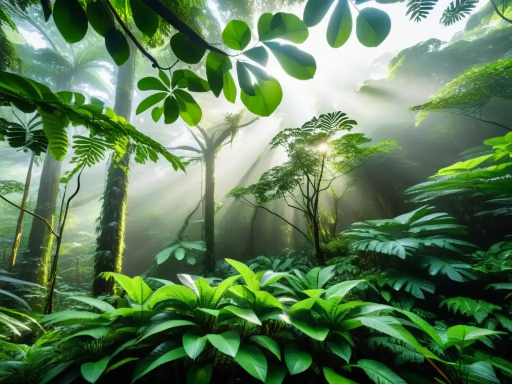 Imagen asombrosa de un exuberante bosque lluvioso, con una rica vegetación en tonos verdes