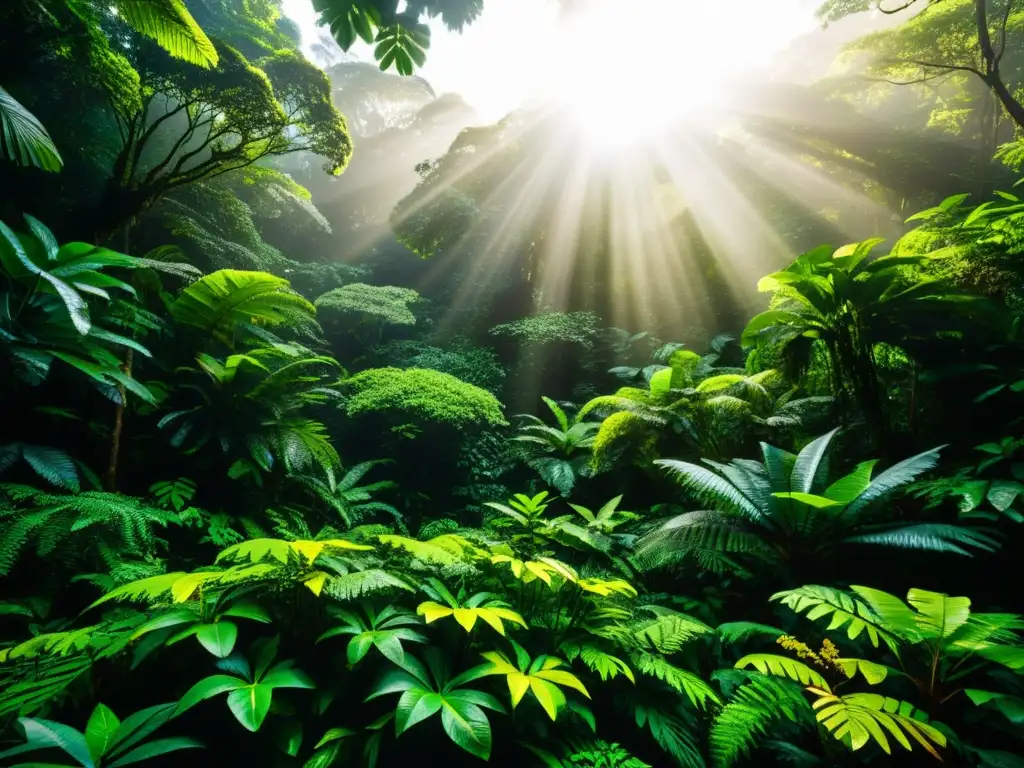 Imagen asombrosa de un exuberante y vibrante bosque tropical, con vida diversa y luz solar filtrándose a través del denso dosel