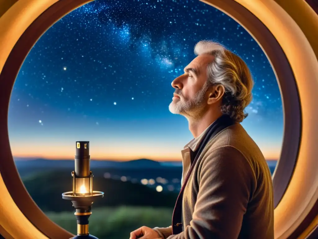 En la imagen, un astrónomo del siglo XVIII contempla el universo a través de un telescopio, rodeado de instrumentos científicos, iluminado por velas