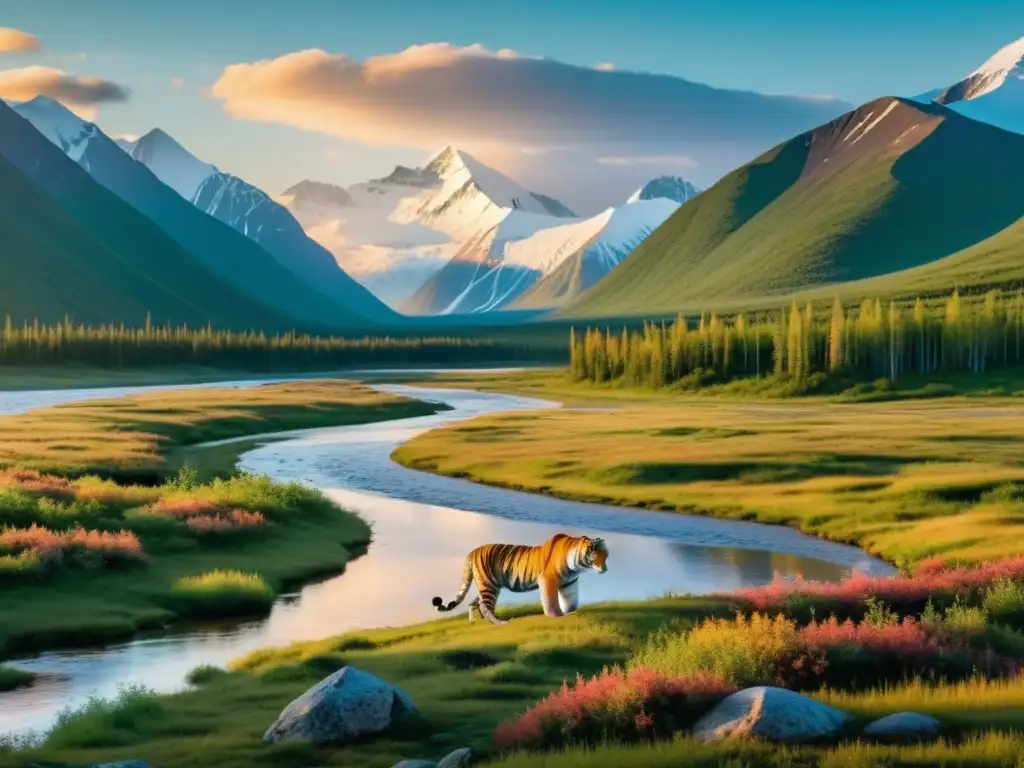 Una imagen 8k detalla la belleza serena de la tundra siberiana con un tigre siberiano en armonía con el entorno natural