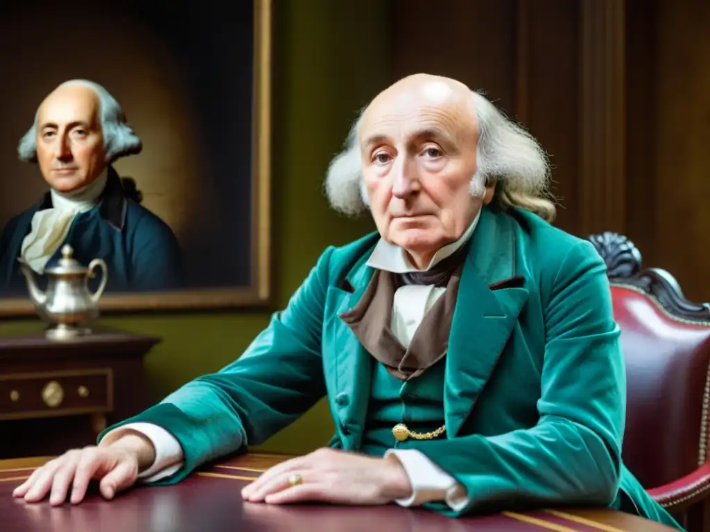 Imagen sepia de Bentham y Mill discutiendo filosofía en un entorno académico