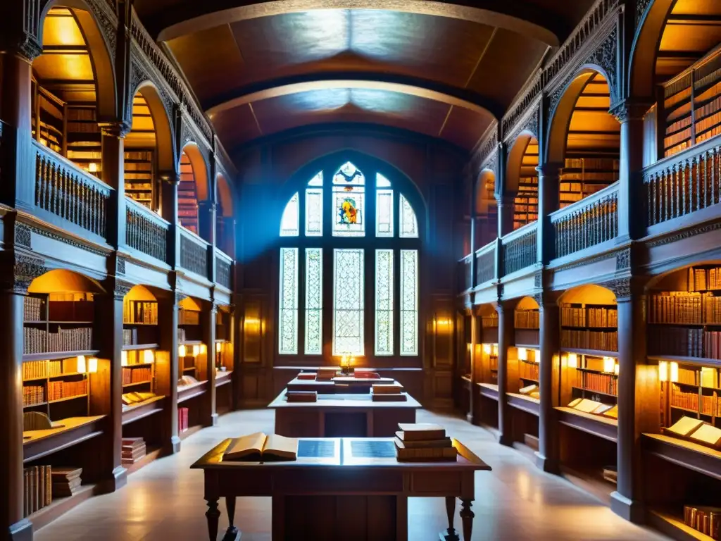 Imagen de una biblioteca antigua con libros desgastados, polvo flotando en la luz del sol y filósofos en mesas de estudio de madera