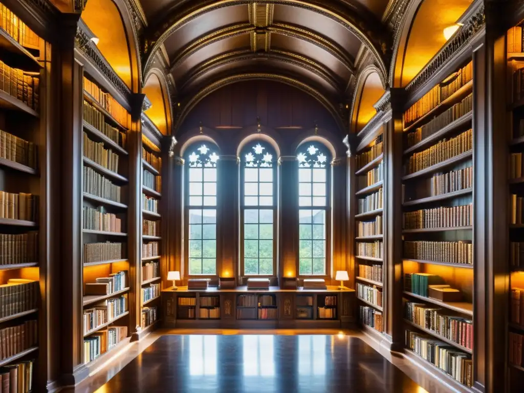 Imagen de una biblioteca histórica con estanterías de libros antiguos, bañada en luz cálida