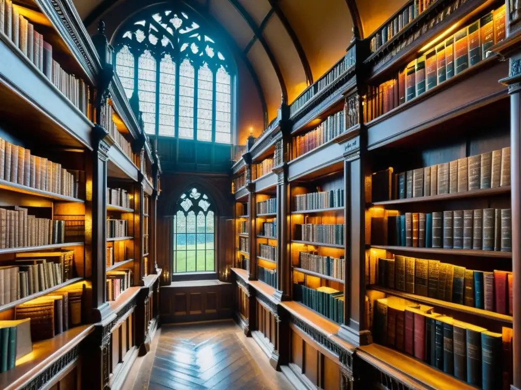 Imagen de una biblioteca histórica en Inglaterra con libros antiguos, polvo suspendido en el aire y una atmósfera de reverencia