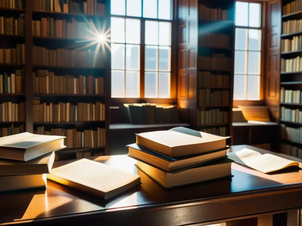 Imagen de una biblioteca polvorienta con libros antiguos y papeles, luz solar y sombras dramáticas