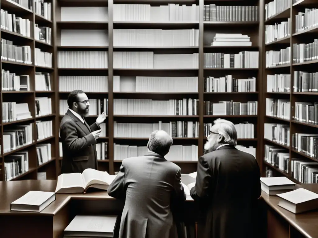 Debate filosófico apasionado entre eruditos en biblioteca Imagen en blanco y negro de académicos debatiendo apasionadamente en una biblioteca llena de textos filosóficos