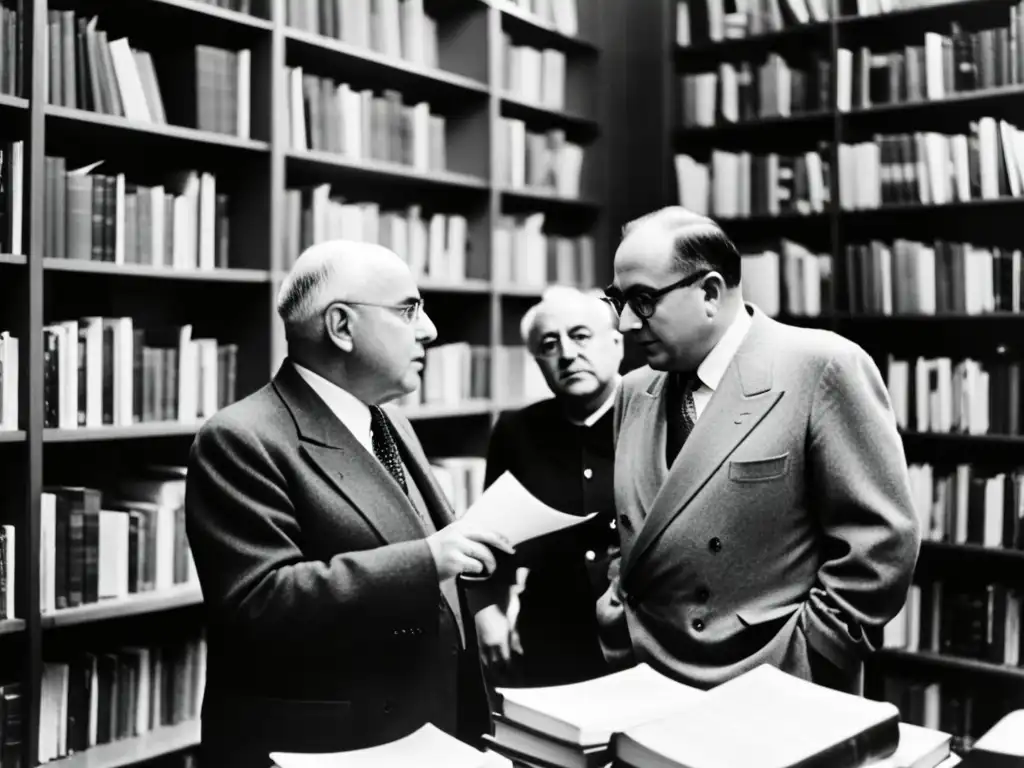 Imagen en blanco y negro de Adorno, Horkheimer y Marcuse debatiendo apasionadamente en la biblioteca de la Escuela de Frankfurt