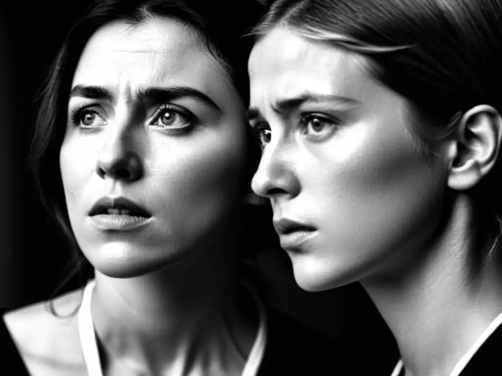 Imagen en blanco y negro de Alma y Elisabet de 'Persona' de Bergman, reflejando la filosofía de la identidad en una intensa mirada