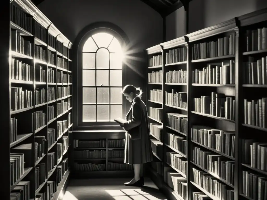 Imagen en blanco y negro de una antigua biblioteca polvorienta, iluminada por la luz tenue