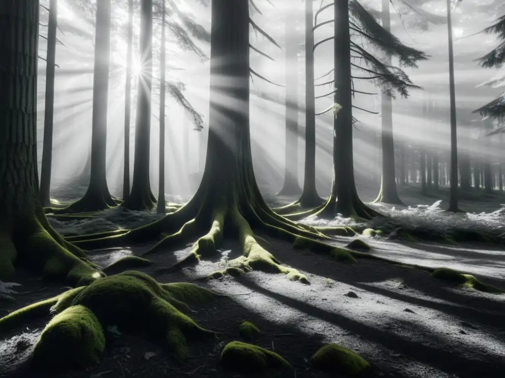 Imagen en blanco y negro de un bosque sereno, con la luz del sol filtrándose a través del denso dosel y creando patrones intrincados en el suelo