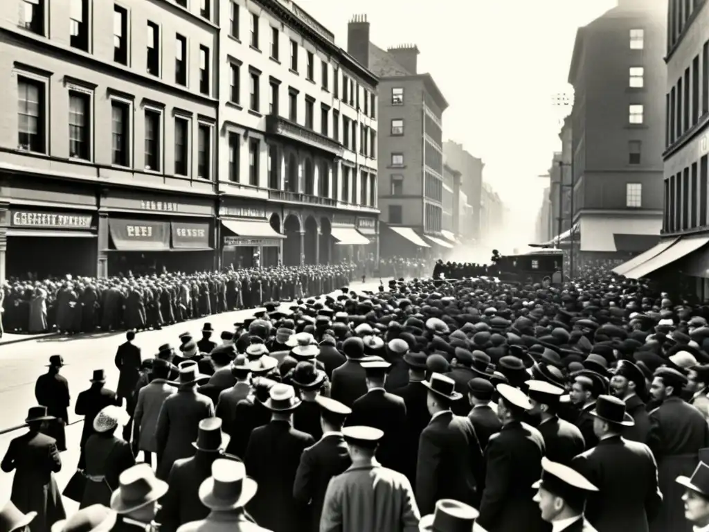 Imagen en blanco y negro de una bulliciosa calle de la ciudad en el siglo XX, con manifestantes y conversaciones acaloradas