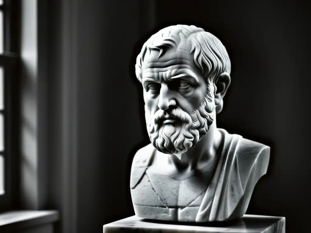 Una imagen en blanco y negro de un busto de mármol de Aristóteles, iluminado por una suave luz natural