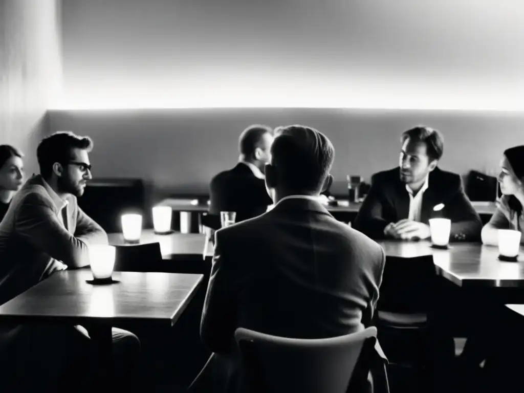 Imagen en blanco y negro de un café tenue, con personas discutiendo intensamente bajo la luz de las velas