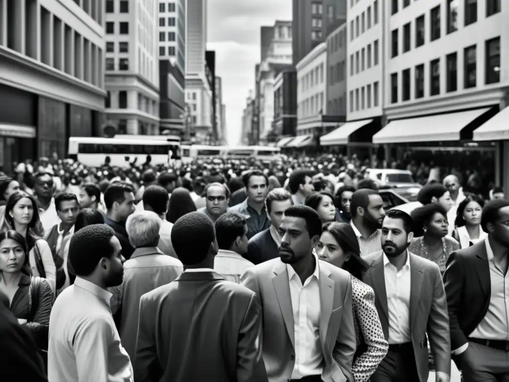 Imagen en blanco y negro de una concurrida calle de la ciudad, capturando la paradoja de la libertad y la filosofía urbana