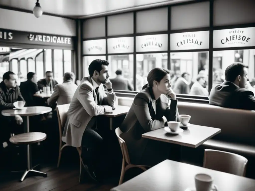 Una imagen en blanco y negro de un concurrido café parisino, con personas inmersas en profundas conversaciones, mientras una figura solitaria se sienta aparte, sumida en sus pensamientos