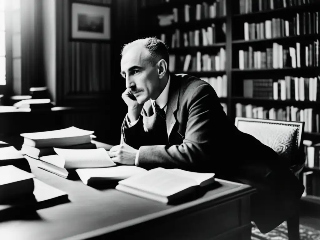 Imagen en blanco y negro de Henri Bergson reflexionando en su escritorio, rodeado de libros y papeles