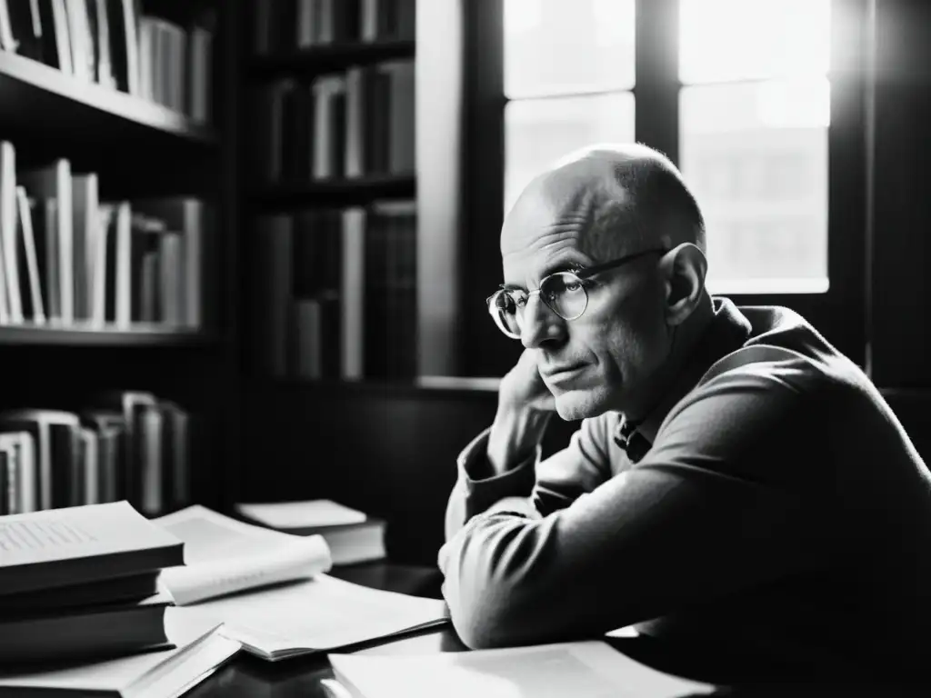 Imagen en blanco y negro de Michel Foucault en su escritorio, rodeado de libros y papeles