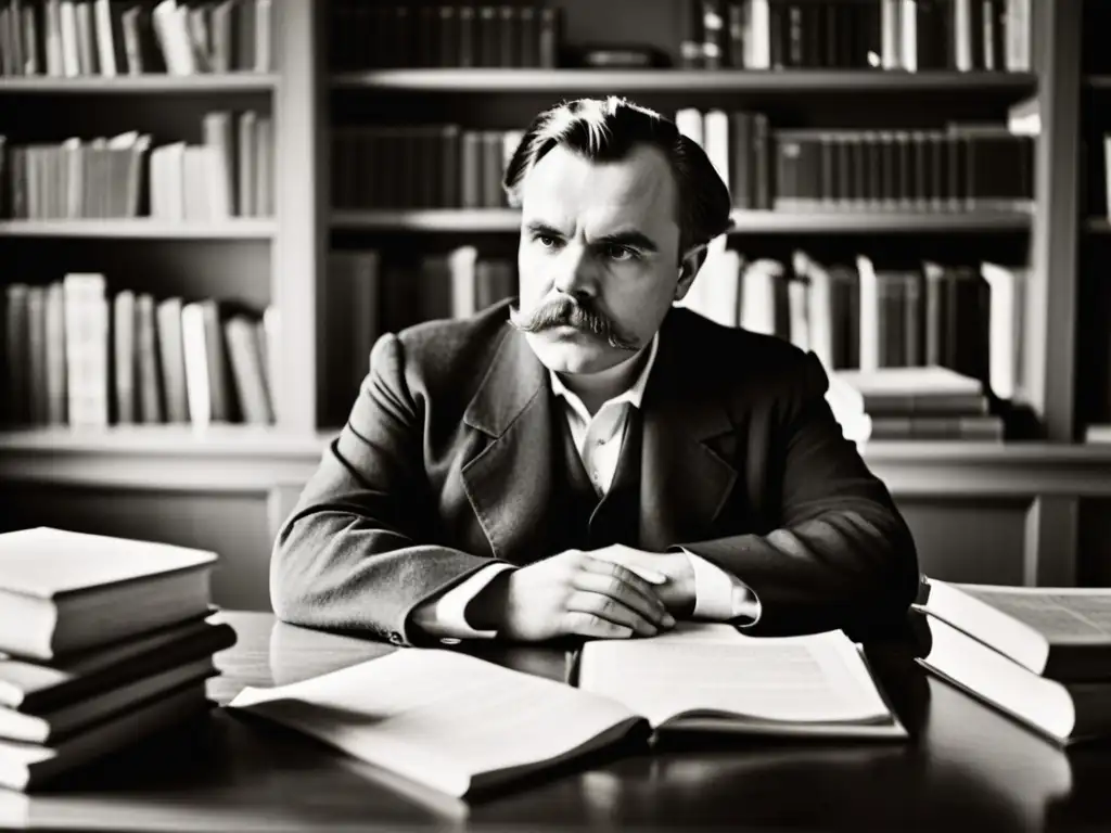 Nietzsche en profunda contemplación Imagen en blanco y negro de Friedrich Nietzsche reflexionando en su escritorio, rodeado de libros y papeles