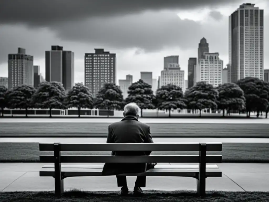 Imagen en blanco y negro de una figura solitaria en un banco del parque, sumida en profundos pensamientos