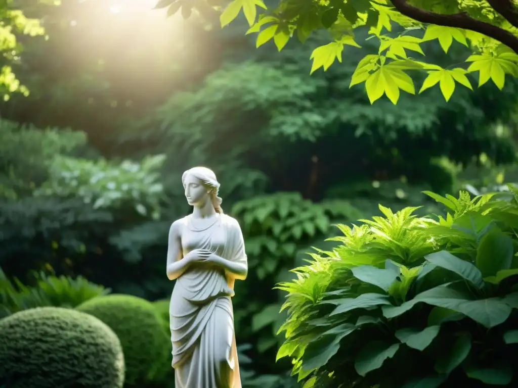 Imagen en blanco y negro de figura estoica en jardín sereno, reflejando la filosofía estoica para vida tranquila