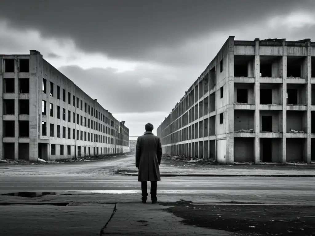 Imagen en blanco y negro de una figura solitaria en un paisaje urbano desolado, evocando el absurdo de la existencia en Synecdoche