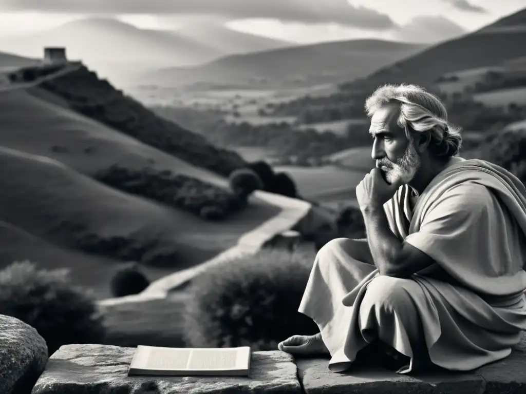 Imagen en blanco y negro de un filósofo antiguo en profunda contemplación, transmitiendo resiliencia frente a las adversidades