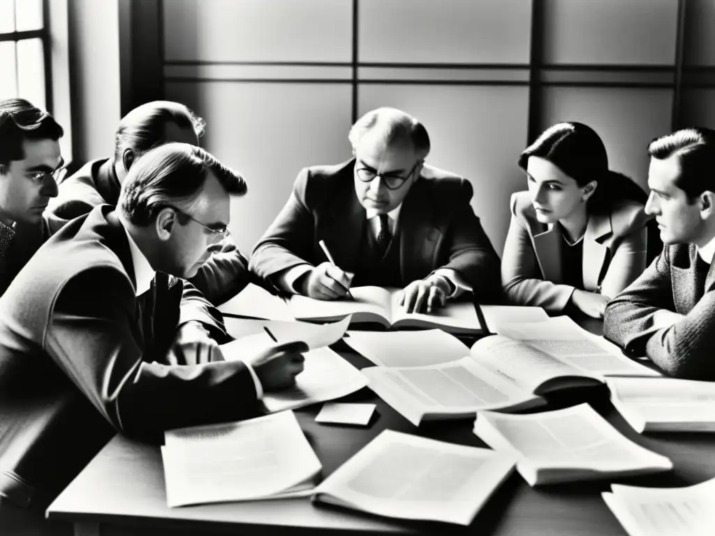 Imagen en blanco y negro de los filósofos de la Escuela de Frankfurt reunidos alrededor de una mesa, inmersos en una profunda discusión académica