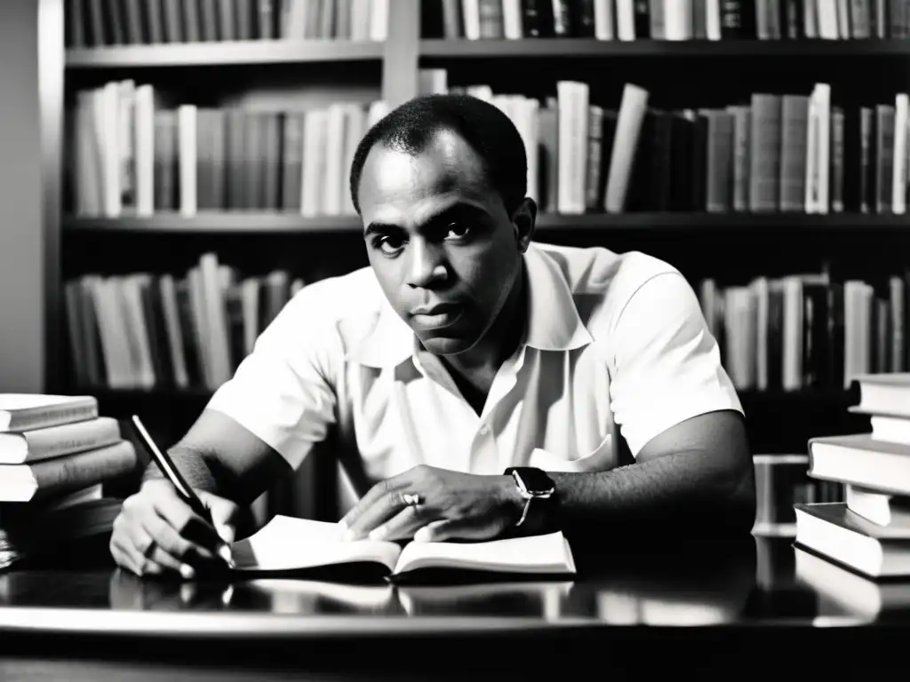 Imagen en blanco y negro de Frantz Fanon concentrado en su escritura, rodeado de libros