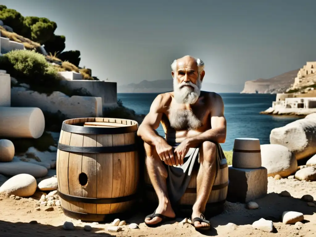 Imagen en blanco y negro de Diógenes, filósofo griego, en su barril bajo el sol mediterráneo