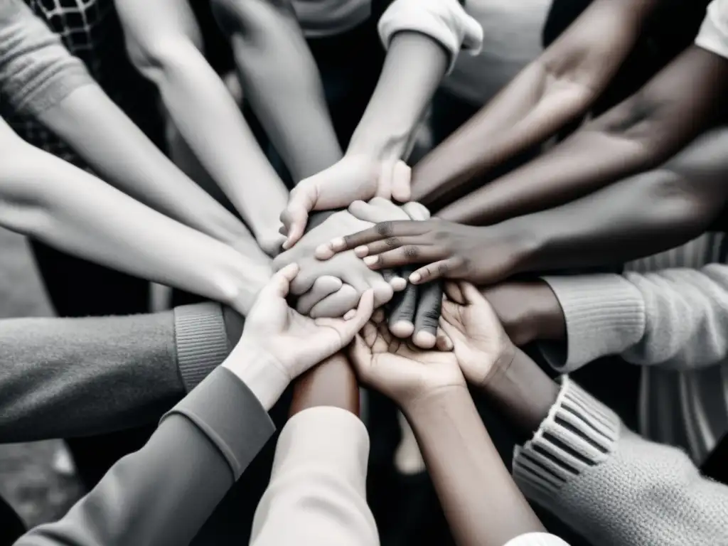 Imagen en blanco y negro de un grupo diverso de personas unidas en círculo, expresando solidaridad y apoyo