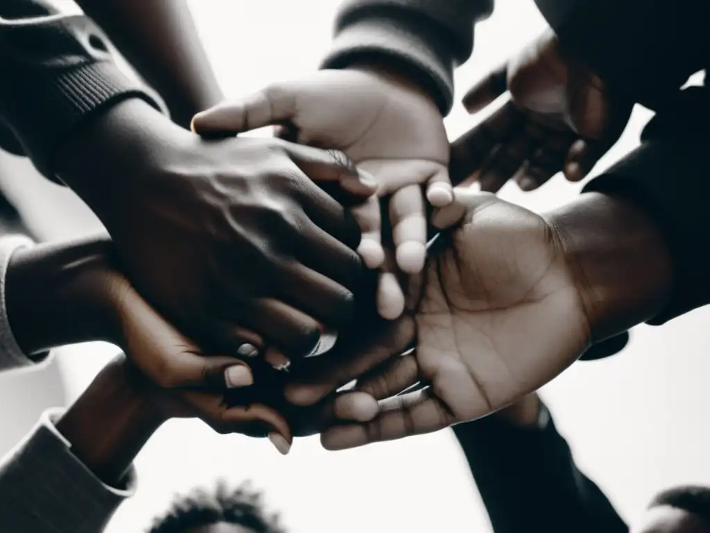 Imagen en blanco y negro de un grupo diverso en profunda conversación, reflejando empatía y comprensión