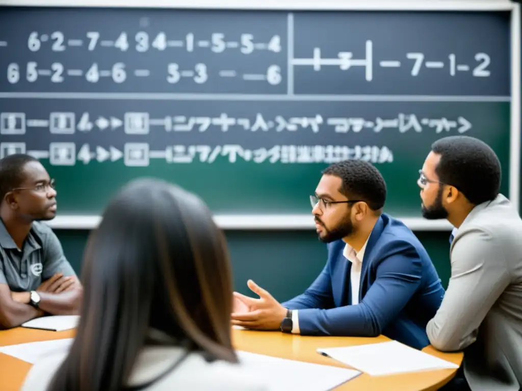 Intensa discusión filosófica en equipo 'Imagen en blanco y negro de un grupo de personas debatiendo intensamente en círculo, con expresiones serias