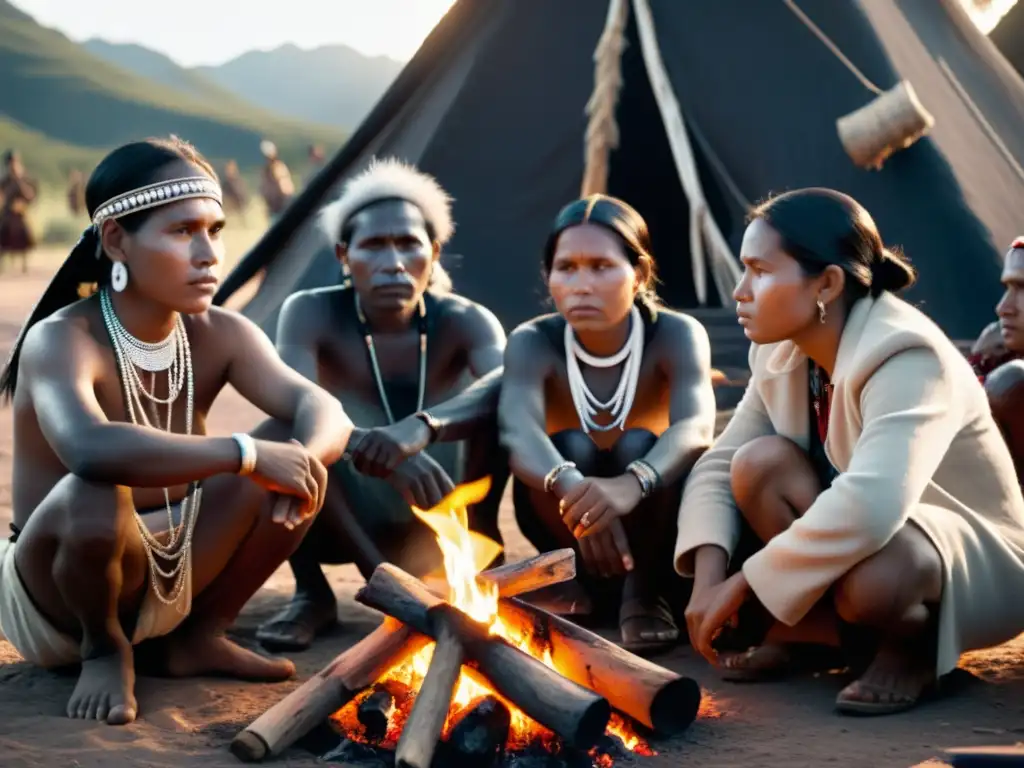 Imagen en blanco y negro de indígenas reunidos alrededor de una fogata, con expresiones serias y curiosas